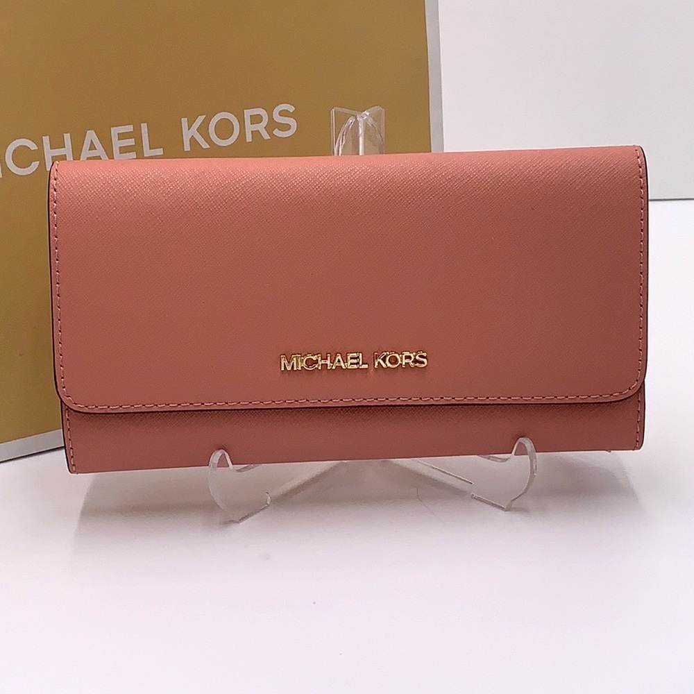 MICHAEL KORS JET SET TRAVEL LARGE TRIFOLD WALLET SUNSET ROSE COLOR - Picture 2 of 14